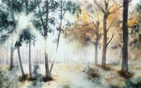 Pintura em Aquarela, árvores HD Papéis de Parede