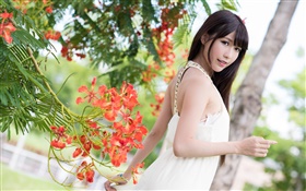vestido branco menina asiática, flores, verão HD Papéis de Parede