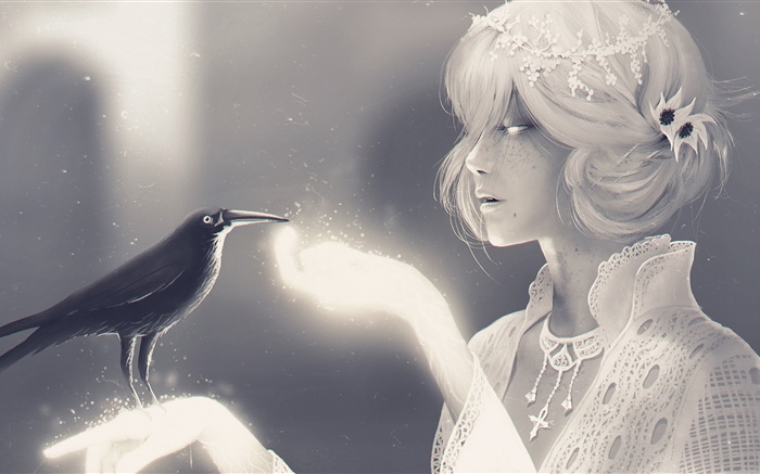 Branco estilo fantasia menina e corvo Papéis de Parede, imagem