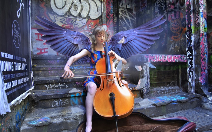 Anjo violoncelo do jogo da menina, asas Papéis de Parede, imagem
