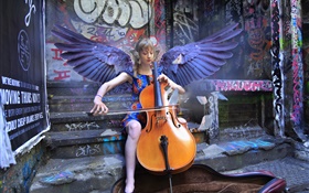 Anjo violoncelo do jogo da menina, asas HD Papéis de Parede