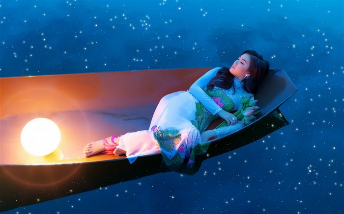 sono Menina asiática no barco à noite Papéis de Parede, imagem