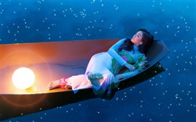 sono Menina asiática no barco à noite HD Papéis de Parede
