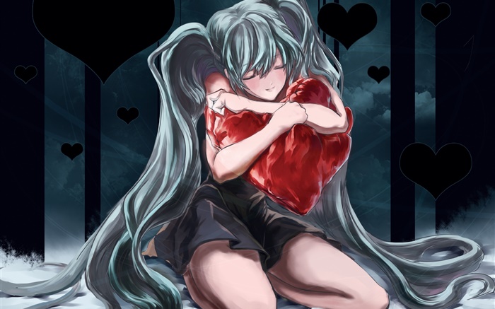 cabelo azul anime girl que abraça o descanso em forma de coração Papéis de Parede, imagem