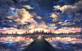 Ponte, rio, árvores, céu, nuvens, pôr do sol, o desenho da arte HD Papéis de Parede