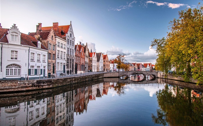 Bruges, Bélgica, cidade, casas, ponte, rio, árvores Papéis de Parede, imagem