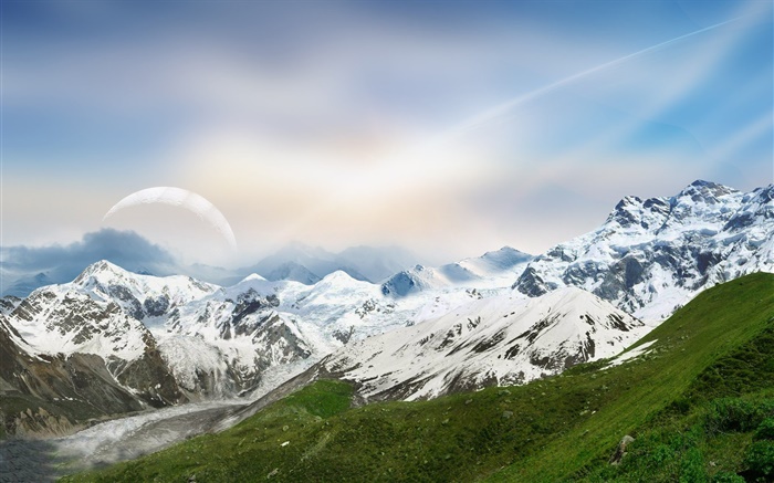 Dreamy World, montanhas, neve, rio, planeta Papéis de Parede, imagem
