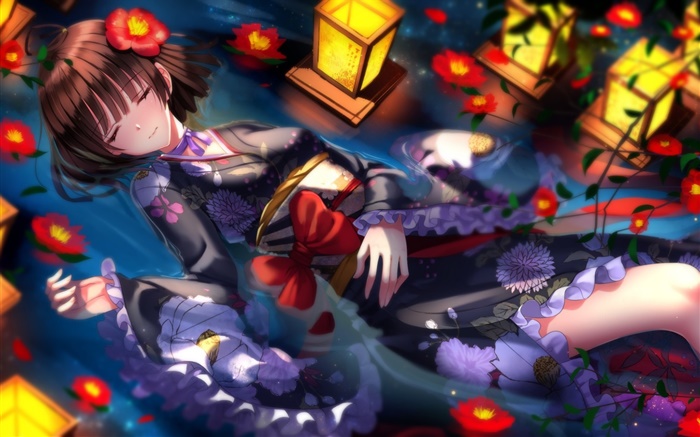 Espada Souls, kimono anime menina, flores, noite Papéis de Parede, imagem