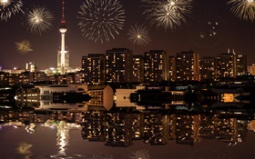 Cityscape, noite, construções, luzes, rio, Berlim, Alemanha