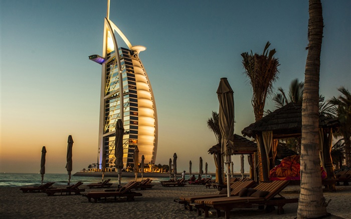 Dubai, hotel, mar, pôr do sol Papéis de Parede, imagem