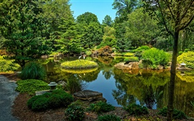 Gibbs Gardens, EUA, lagoa, árvores, grama HD Papéis de Parede