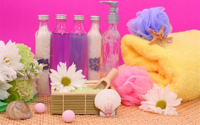 SPA, flores, sal, toalha, garrafa Papéis de Parede, imagem