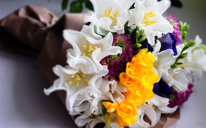 Bouquet flores, tulipas brancas e amarelas Papéis de Parede, imagem