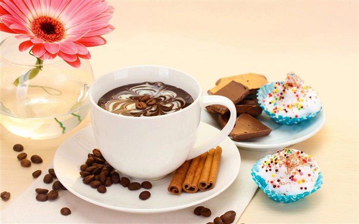 Bebida de café e bolos, flor rosa Papéis de Parede, imagem