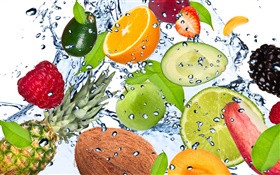 Diferentes tipos de frutas na água HD Papéis de Parede