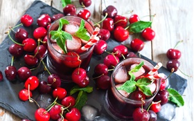 Cerejas vermelhas frescas, bebida, limonada, hortelã