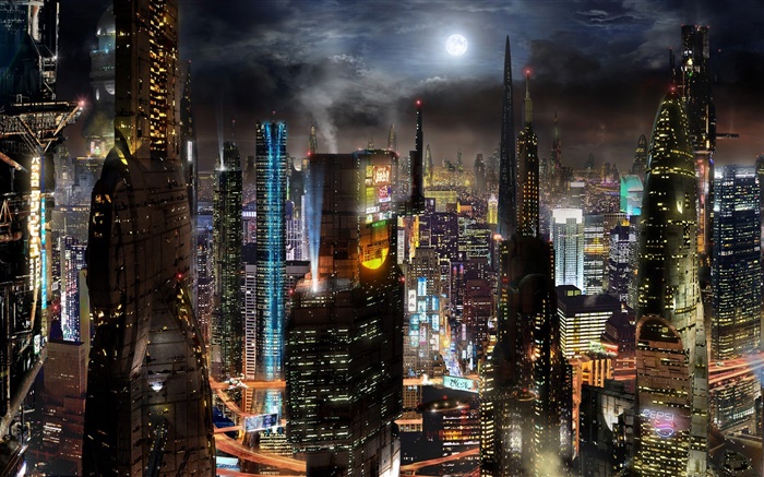 Futuro, cidade, arranha-céus, edifícios, estrada, noturna, sci-fi ... Papéis de Parede, imagem
