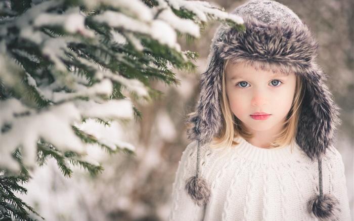 Inverno, criança, menina, neve, chapéu, camisola, árvores Papéis de Parede, imagem