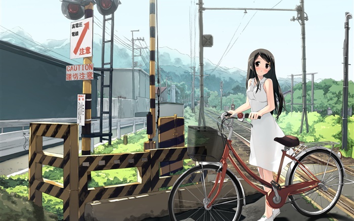 Anime menina, ferroviária, moto, linhas de energia Papéis de Parede, imagem