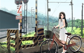 Anime menina, ferroviária, moto, linhas de energia HD Papéis de Parede