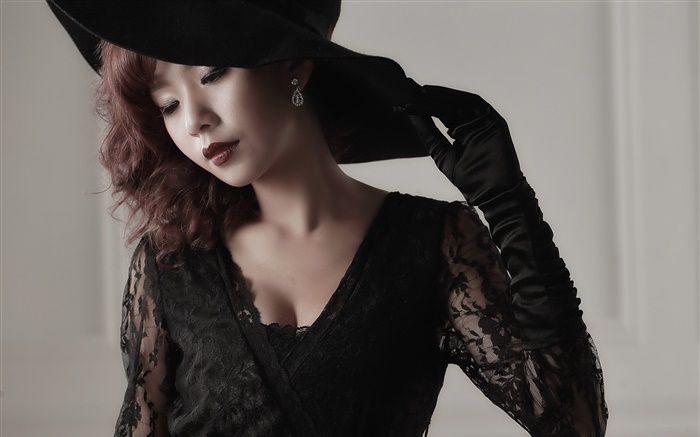 Vestido preto Menina asiática, maquiagem, luvas, chapéu Papéis de Parede, imagem