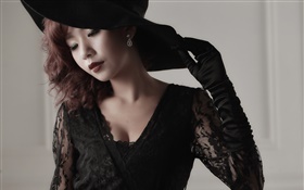 Vestido preto Menina asiática, maquiagem, luvas, chapéu HD Papéis de Parede