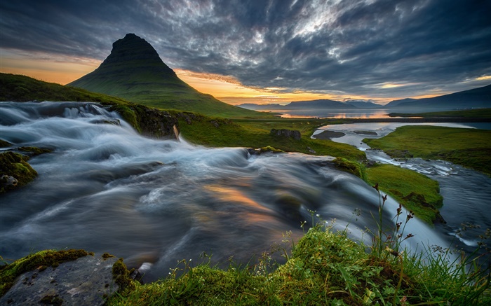 Islândia, montanha, cachoeira, Nuvens, pôr do sol Papéis de Parede, imagem