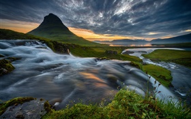 Islândia, montanha, cachoeira, Nuvens, pôr do sol