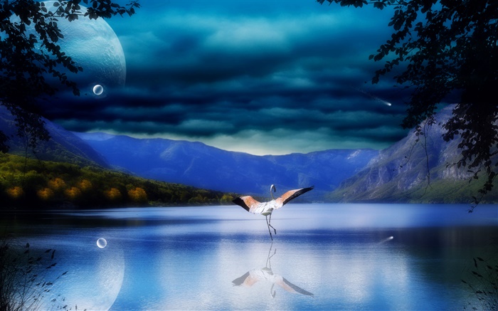 Lago, reflexão da água, montanhas, cegonha, asas Papéis de Parede, imagem