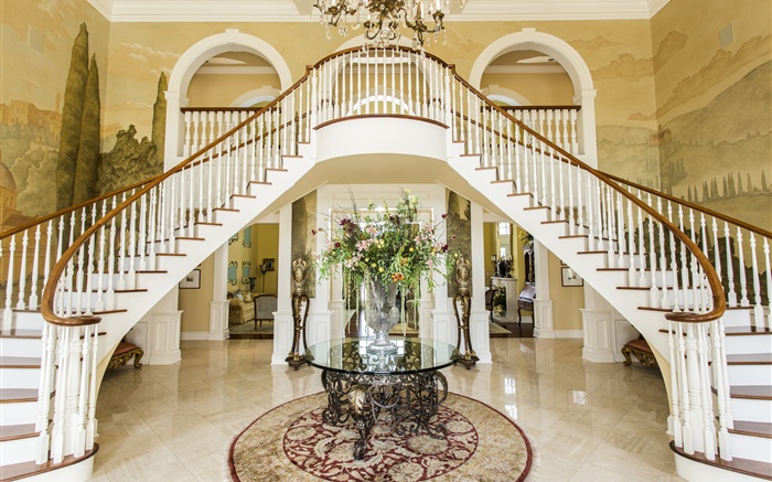 Luxo hall, escada, flores, sala Papéis de Parede, imagem
