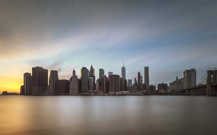 Manhattan, cidade, anoitecer, água, reflexão, EUA Papéis de Parede, imagem