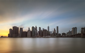 Manhattan, cidade, anoitecer, água, reflexão, EUA