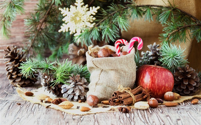 Feliz Natal, saco, doces, maçã, nozes Papéis de Parede, imagem