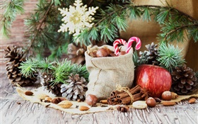 Feliz Natal, saco, doces, maçã, nozes HD Papéis de Parede