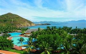 Palmeiras, piscina, casa, montanhas, ilha, mar, Tailândia HD Papéis de Parede