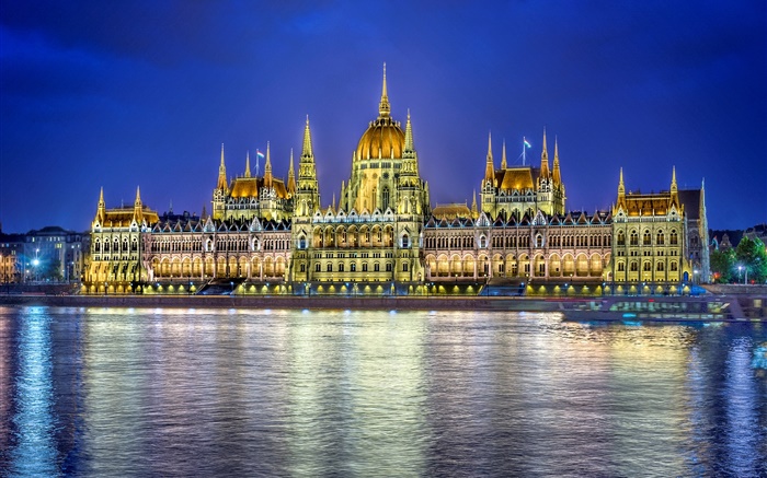 Parlamento, predios, água, reflexão, luzes, Budapest, Hungria Papéis de Parede, imagem