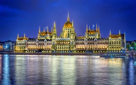 Parlamento, predios, água, reflexão, luzes, Budapest, Hungria