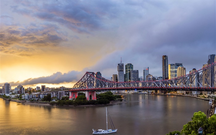 Queensland, Chinatown, Austrália, Rio, ponte, alvorada, edifícios Papéis de Parede, imagem