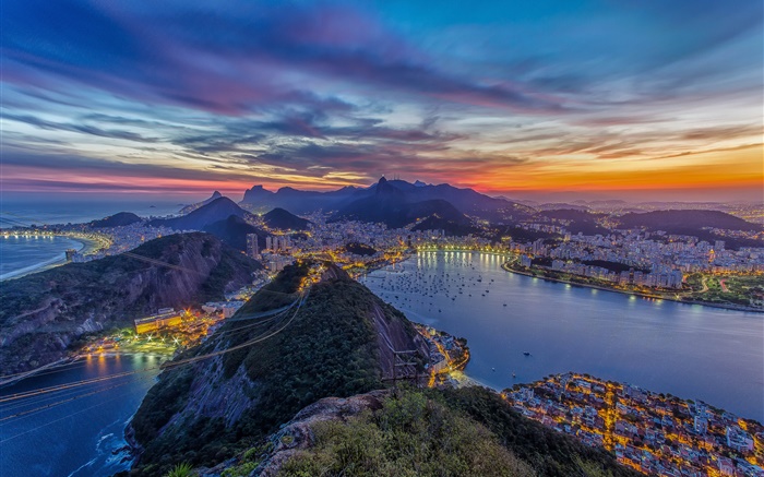 Rio de Janeiro, teleférico, montanhas, cidade, costa, noite, luzes Papéis de Parede, imagem