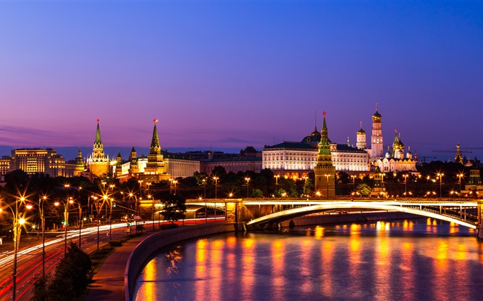 O Kremlin, Rússia, Moscovo, cidade da noite, rio, luzes Papéis de Parede, imagem