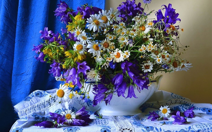Flores azuis amarelas brancas, vaso Papéis de Parede, imagem