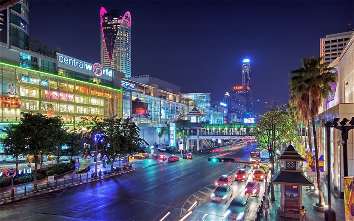 Bangkok, Tailândia, noite da cidade, estrada, casas, luzes Papéis de Parede, imagem