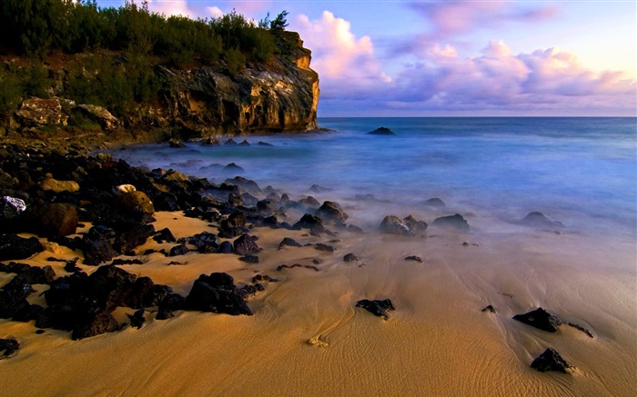 Praia, costa, pedras, pôr do sol, mar Papéis de Parede, imagem