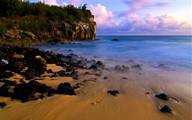 Praia, costa, pedras, pôr do sol, mar HD Papéis de Parede