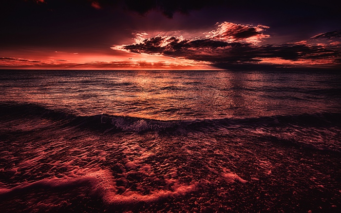Mar, pôr-do-sol, noite, estilo vermelho Papéis de Parede, imagem