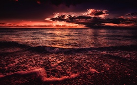 Mar, pôr-do-sol, noite, estilo vermelho