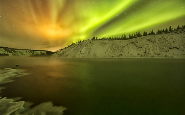 Alasca, aurora boreal, lago, neve, inverno Papéis de Parede, imagem
