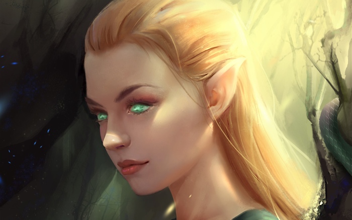 Menina fantasia, elfo, olhos verdes Papéis de Parede, imagem