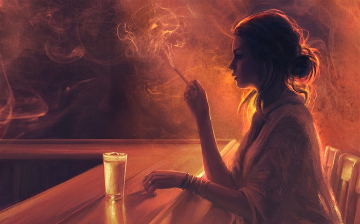 Menina no bar, cigarro, fumo Papéis de Parede, imagem