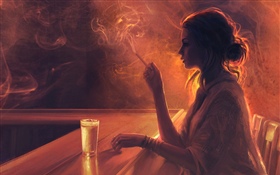 Menina no bar, cigarro, fumo HD Papéis de Parede